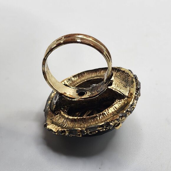 Antique Vintage Beautiful Large Black Glass Adjustable Cocktail Ring Gold Tone - Picture 6 of 8
